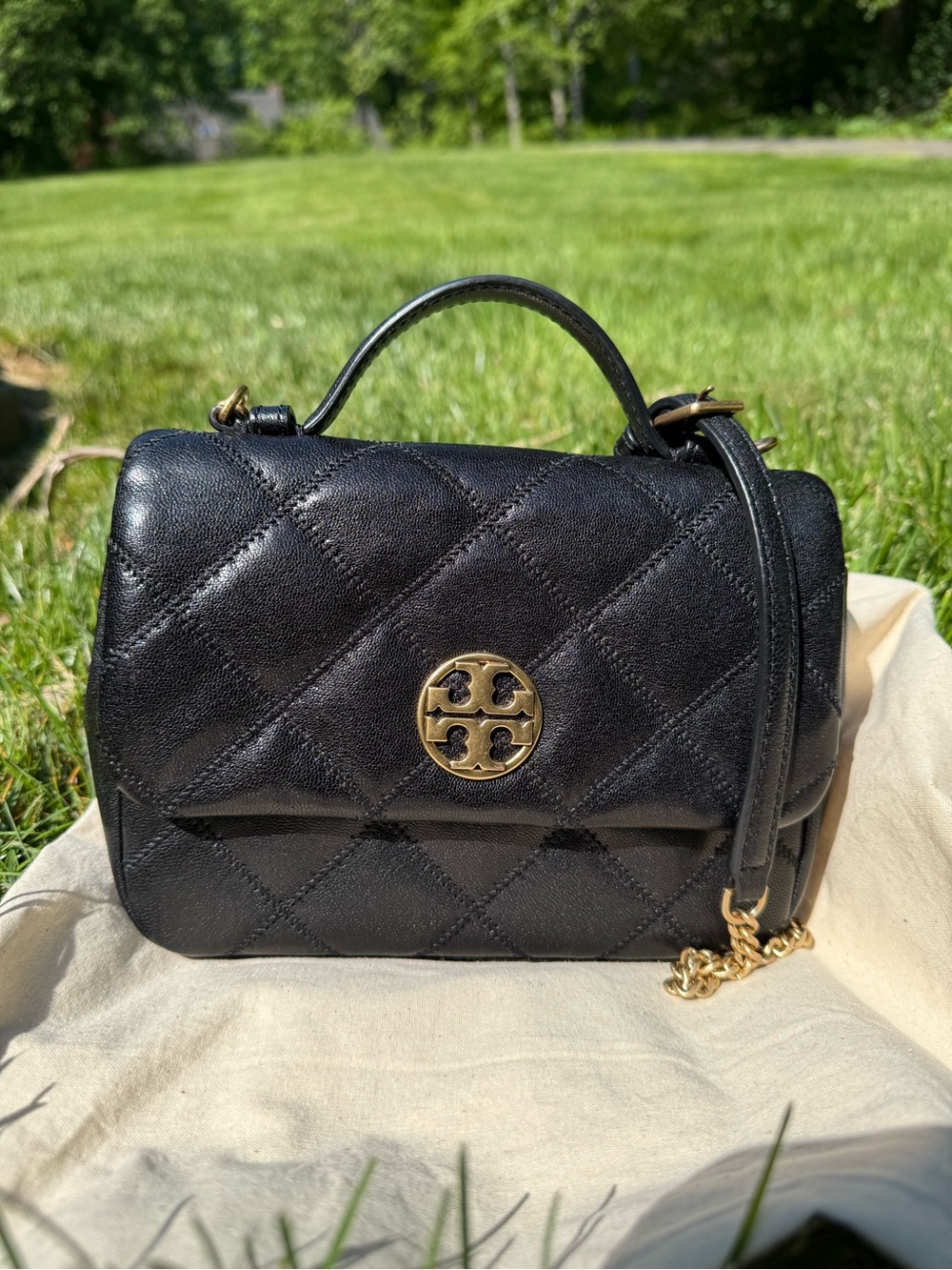 Tory Burch Black Quilted Leather Shoulder Bag with Gold Logo